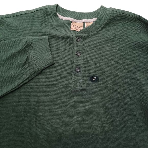 LL Bean Mens Waffle Knit Thermal Henley Size XL Tall Green Layers Outdoor Winter - Picture 1 of 8
